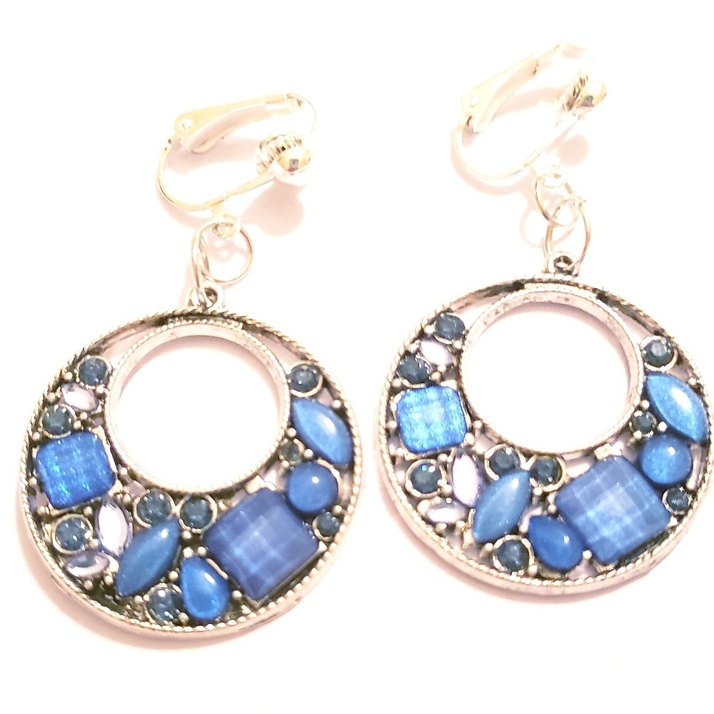 1.5" Silver CO RS Blue Beaded Hollow Hoops